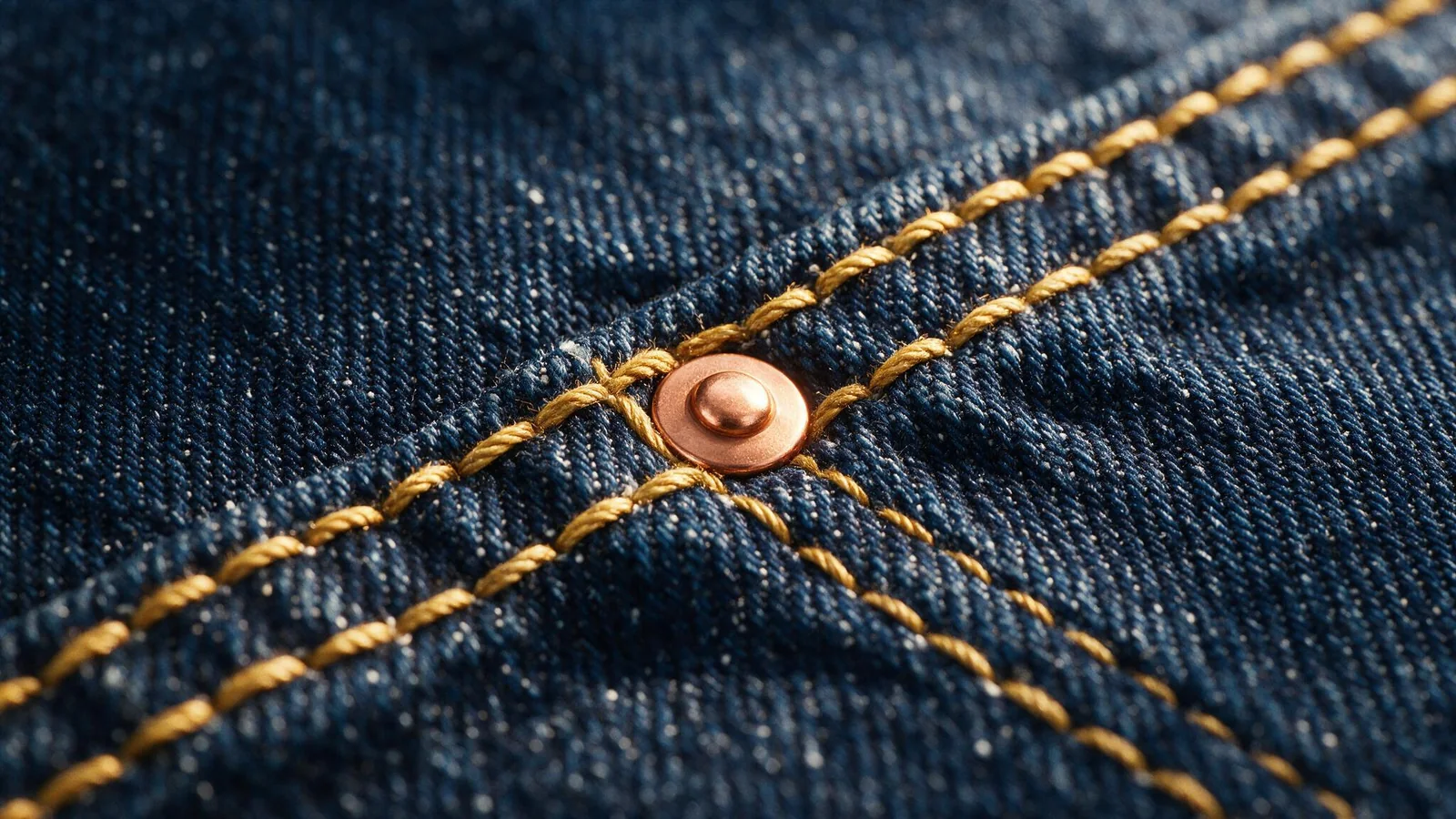 Macro de tejido vaquero índigo con pespunte dorado y un remache de cobre — el detalle sartorial del denim.