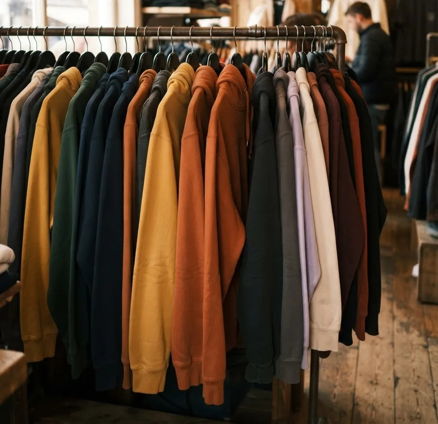 Rack de sudaderas de temporada en Vaqueros Badalona: mostaza, verde, navy, teja, gris y crema colgadas en la barra de la tienda, sobre suelo de madera cálido.
